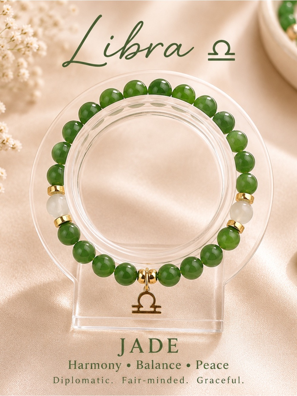 Libra Jade Beaded Bracelet with Gold Charm - Green